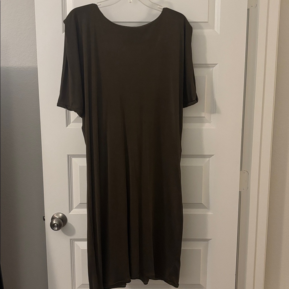 Lola Olive Green 100% Silk Tunic Dress SZ 40 Medium w/belt casual Scandi style